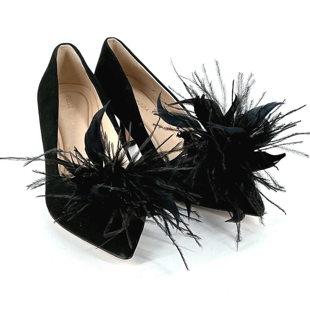 Pelle Moda Size 7.5 Black Suede Ostrich Feather Kitten Heel Pump NEW Kealie $165